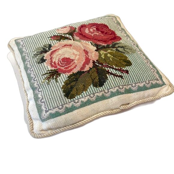Handmade Petite Point X-Stitch Pillow Roses Pink Green Square Elizabeth Bradley - Picture 2 of 6